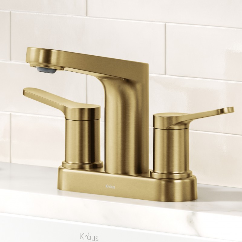 Indy™ 2-Handle 4-inch Centerset Bathroom Faucet in Spot-Free Brushed Brass with Pop Up Drain and Supply Lines