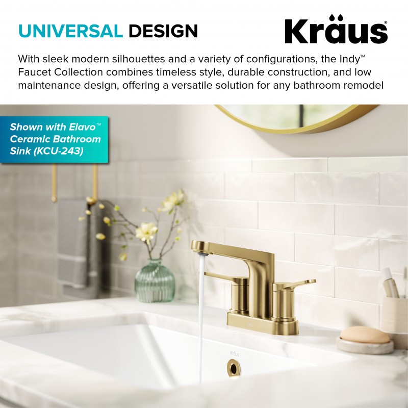 Indy™ 2-Handle 4-inch Centerset Bathroom Faucet in Spot-Free Brushed Brass with Pop Up Drain and Supply Lines