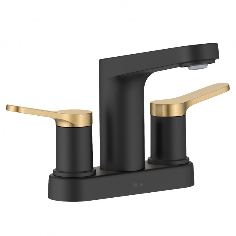 Indy™ 2-Handle 4-inch Centerset Bathroom Faucet in Spot-Free Brushed Brass / Matte Black with Pop Up Drain and Supply Lines