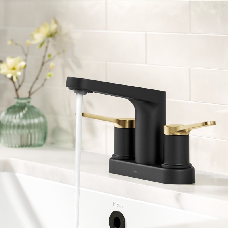 Indy™ 2-Handle 4-inch Centerset Bathroom Faucet in Spot-Free Brushed Brass / Matte Black with Pop Up Drain and Supply Lines