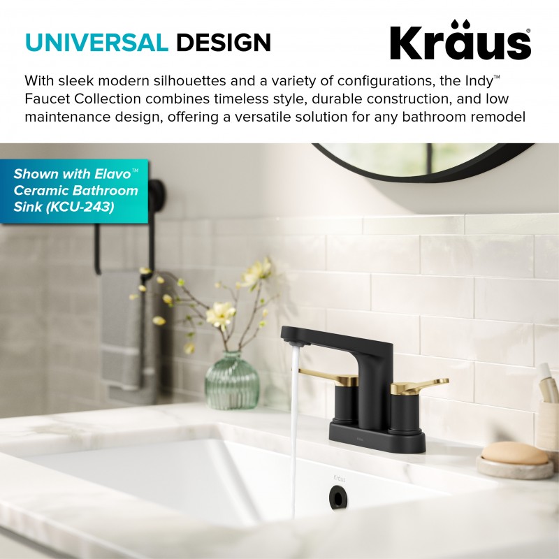 Indy™ 2-Handle 4-inch Centerset Bathroom Faucet in Spot-Free Brushed Brass / Matte Black with Pop Up Drain and Supply Lines