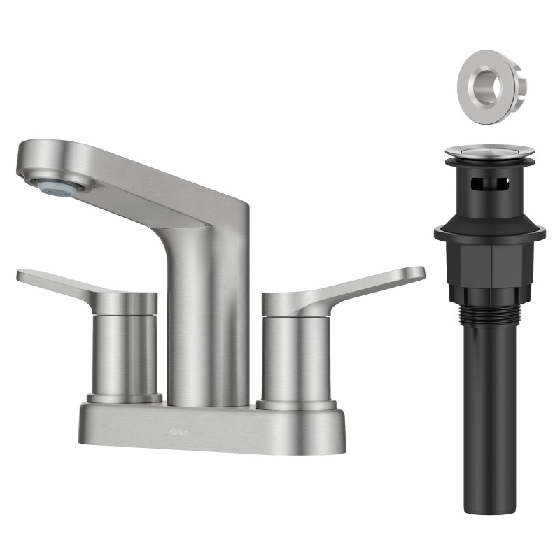 Indy™ 2-Handle 4-inch Centerset Bathroom Faucet in Spot-Free Brushed Nickel with Pop Up Drain and Supply Lines
