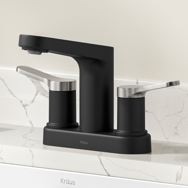 Indy™ 2-Handle 4-inch Centerset Bathroom Faucet in Spot-Free Brushed Nickel / Matte Black with Pop Up Drain and Supply Lines 