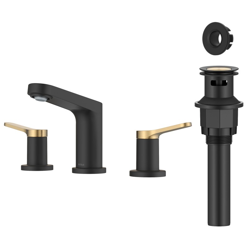 Indy™ 2-Handle 8-inch Widespread Bathroom Faucet in Spot-Free Brushed Brass / Matte Black with Pop Up Drain and Supply Lines