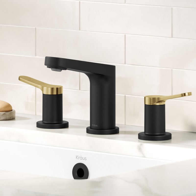 Indy™ 2-Handle 8-inch Widespread Bathroom Faucet in Spot-Free Brushed Brass / Matte Black with Pop Up Drain and Supply Lines