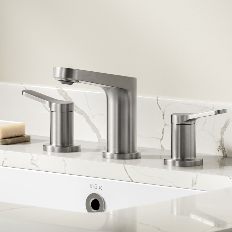 Indy™ 2-Handle 8-inch Widespread Bathroom Faucet in Spot-Free Brushed Nickel with Pop Up Drain and Supply Lines
