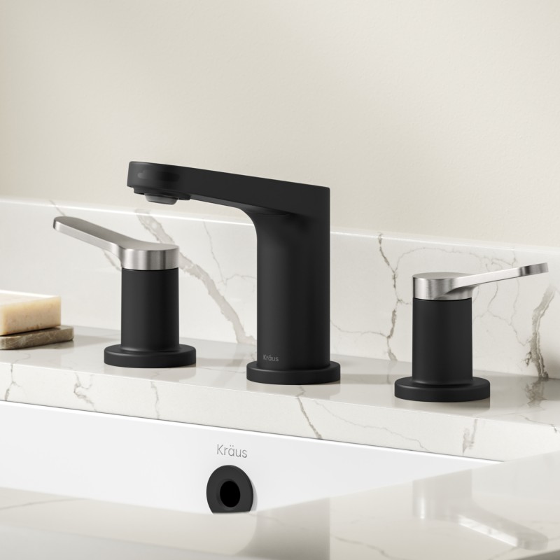 Indy™ 2-Handle 8-inch Widespread Bathroom Faucet in Spot-Free Brushed Nickel / Matte Black with Pop Up Drain and Supply Lines