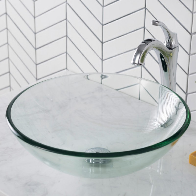 Round Clear Glass Vessel Bathroom Sink, 16 1/2 inch