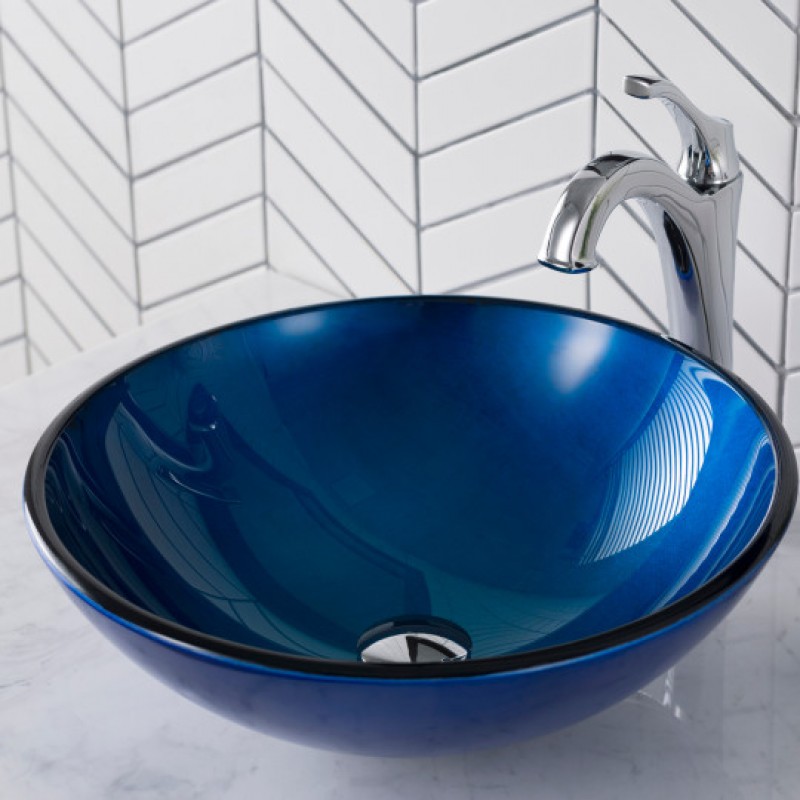 Round Blue Glass Vessel Bathroom Sink, 16 1/2 inch