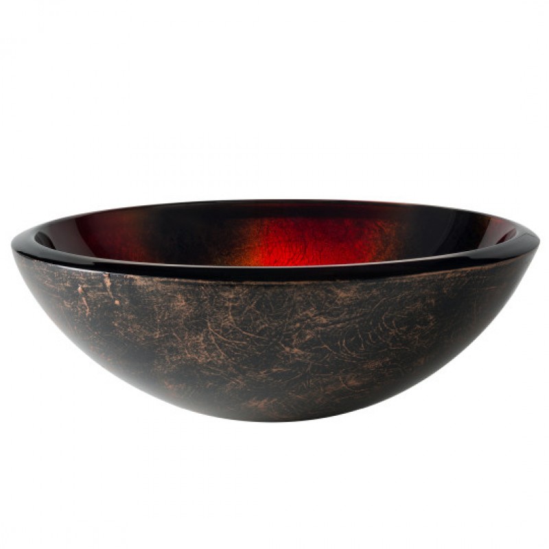 Round Red Black and Gold Glass Vessel Bathroom Sink, 17 inch
