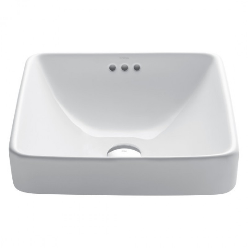 Elavo™ Square Semi-Recessed Vessel White Porcelain Ceramic Bathroom Sink with Overflow, 16 1/2 inch