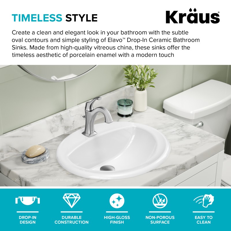 Elavo® 20.5 in. Oval Porcelain Ceramic Self-Rimming Drop In Bathroom Sink in White with Overflow Drain