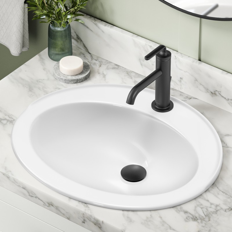 Elavo® 22” Oval Porcelain Ceramic Self-Rimming Drop-In Top Mount Bathroom Sink in White with Overflow Drain