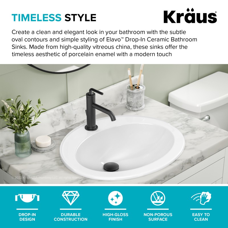 Elavo® 22” Oval Porcelain Ceramic Self-Rimming Drop-In Top Mount Bathroom Sink in White with Overflow Drain