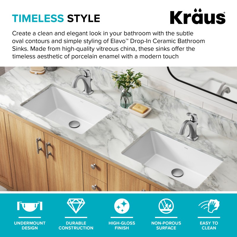 Elavo™ 21 1/8" Rectangular Porcelain Ceramic Undermount Bathroom Sink in White with Overflow Drain