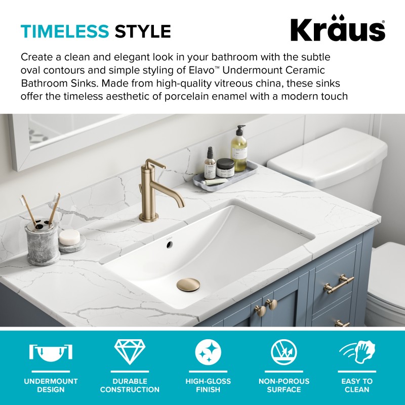 Elavo™ 23" Rectangular Porcelain Ceramic Undermount Bathroom Sink in White with Overflow Drain