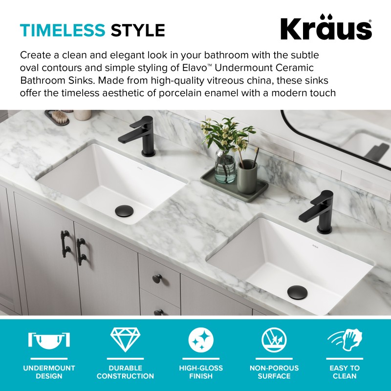 Elavo™ 20 1/4" Rectangular Porcelain Ceramic Undermount Bathroom Sink in White with Overflow Drain