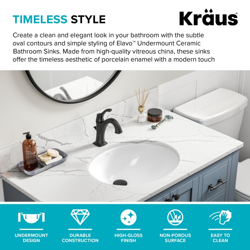 Elavo™ 19 1/4" Oval Porcelain Ceramic Undermount Bathroom Sink in White with Overflow Drain