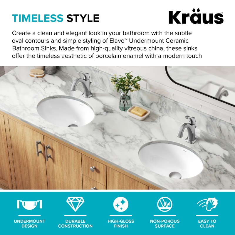Elavo™ 16 3/4" Oval Porcelain Ceramic Undermount Bathroom Sink in White with Overflow Drain