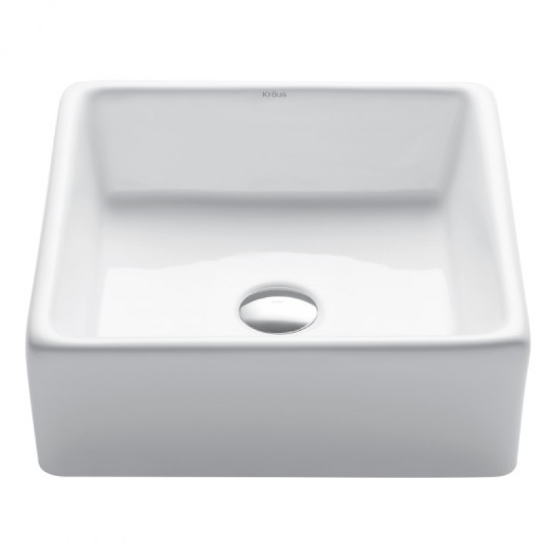 Elavo Square Vessel White Porcelain Ceramic Bathroom Sink, 15 inch