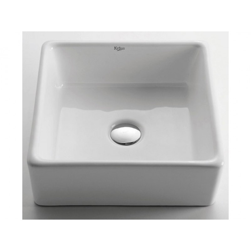 Elavo Square Vessel White Porcelain Ceramic Bathroom Sink, 15 inch, with Drain, Satin Nickel