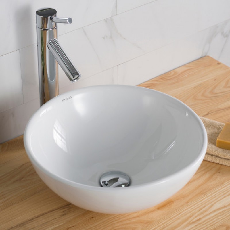 Elavo Round Vessel White Porcelain Ceramic Bathroom Sink, 16 inch
