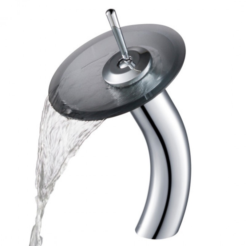 Tall Waterfall Bathroom Faucet for Vessel Sink with Frosted Black Glass Disk, Chrome Finish