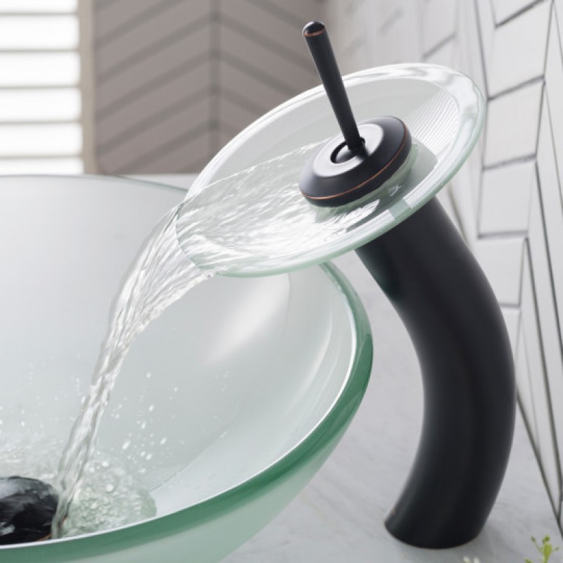 Tall Waterfall Bathroom Faucet for Vessel Sink with Frosted Glass Disk, Oil Rubbed Bronze Finish