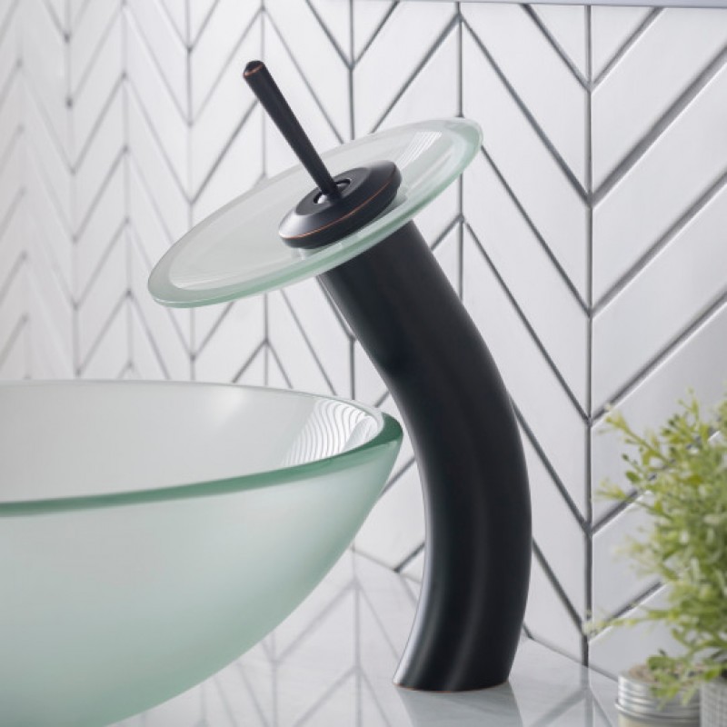 Tall Waterfall Bathroom Faucet for Vessel Sink with Frosted Glass Disk, Oil Rubbed Bronze Finish