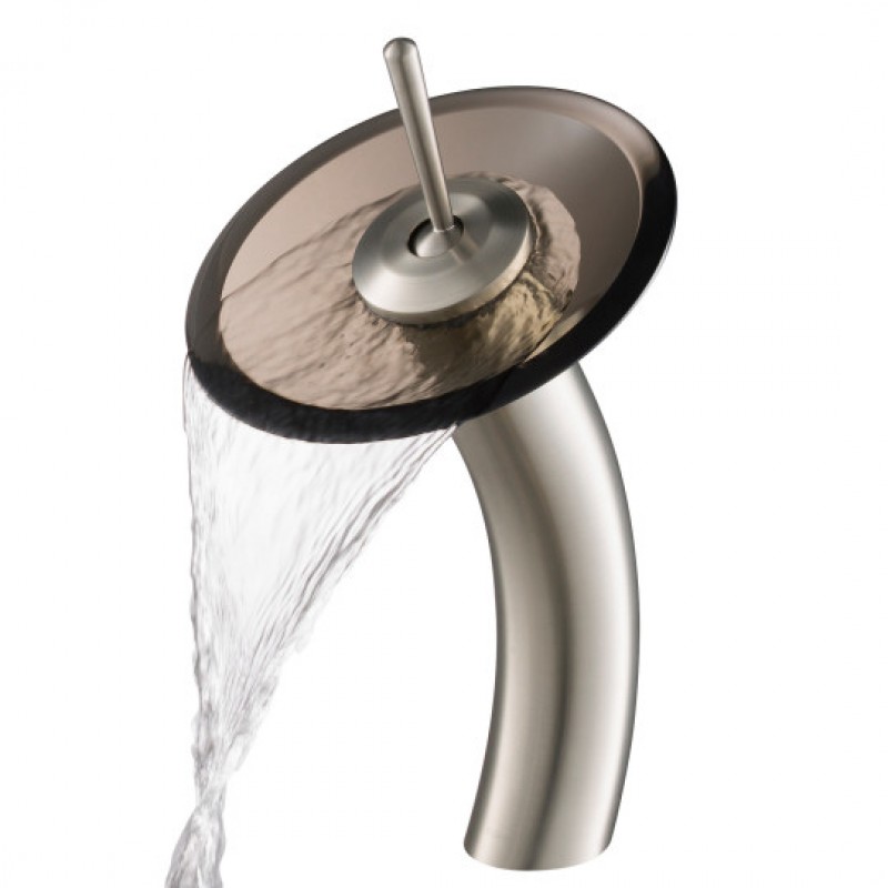 Tall Waterfall Bathroom Faucet for Vessel Sink with Clear Brown Glass Disk, Satin Nickel Finish