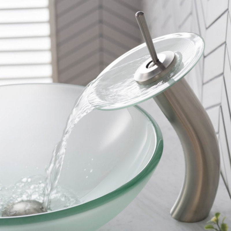 Tall Waterfall Bathroom Faucet for Vessel Sink with Frosted Glass Disk, Satin Nickel Finish
