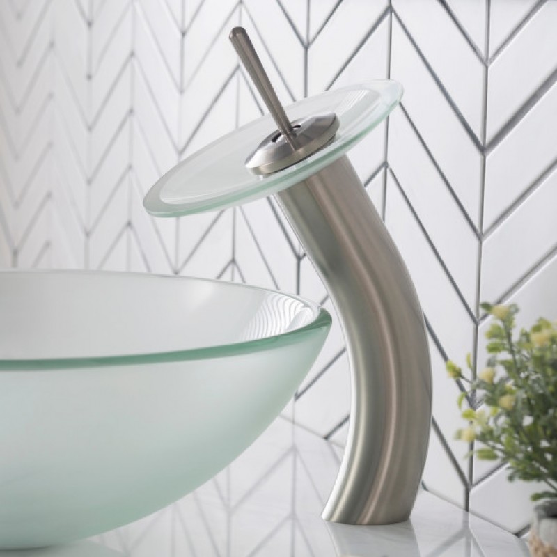 Tall Waterfall Bathroom Faucet for Vessel Sink with Frosted Glass Disk, Satin Nickel Finish