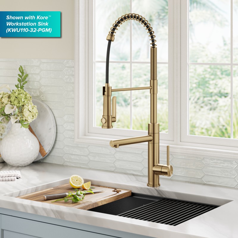 Artec Pro™ Commercial Style 2-Function Single Handle Pull Down Kitchen Faucet with Pot Filler in Spot-Free Brushed Brass