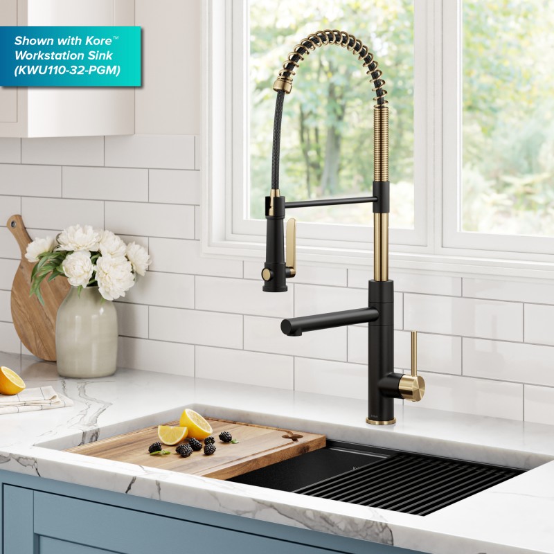 Artec Pro™ Commercial Style 2-Function Single Handle Pull Down Kitchen Faucet with Pot Filler in Spot Free Brushed Brass/Matte Black
