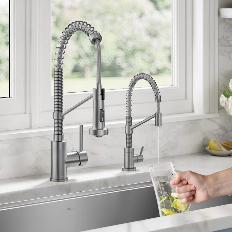Kraus Bolden Commercial Style Pull Down Kitchen Faucet and Water Filter Faucet Combo in Spot-Free Stainless Steel