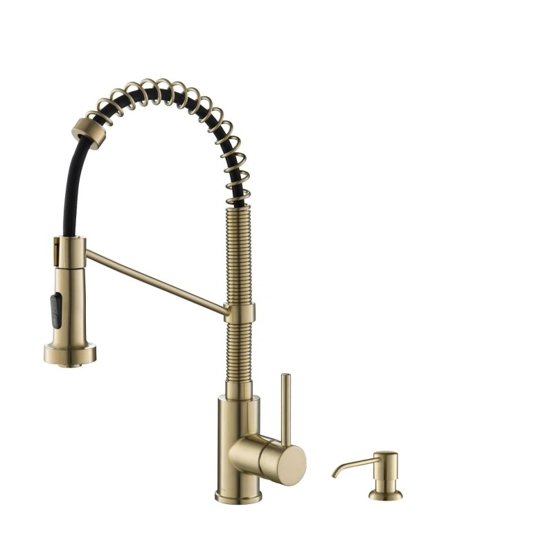 Kraus Bolden Commercial Style Pull-Down Single Handle 18" Kitchen Faucet in Spot Free Antique Champagne Bronze with Soap Dispenser