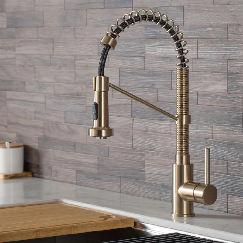 Kraus Bolden Commercial Style Pull-Down Single Handle 18" Kitchen Faucet in Spot Free Antique Champagne Bronze with Soap Dispenser