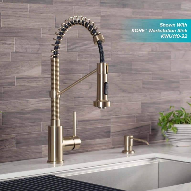 Kraus Bolden Commercial Style Pull-Down Single Handle 18" Kitchen Faucet in Spot Free Antique Champagne Bronze with Soap Dispenser