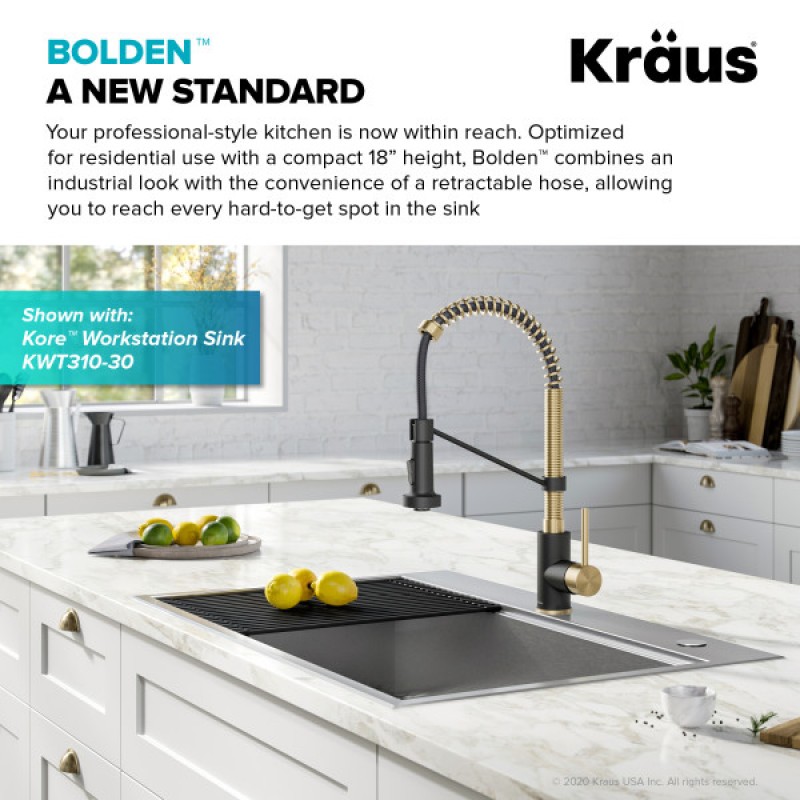 Bolden Commercial Style 2-Function Single Handle Pull Down Kitchen Faucet in Spot-Free Antique Champagne Bronze / Matte Black