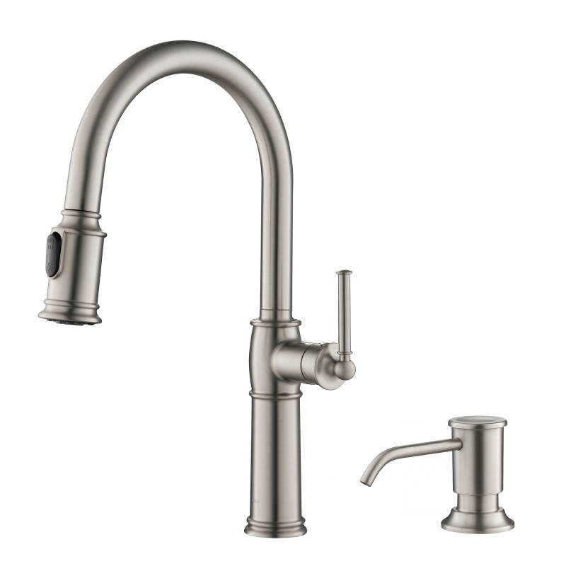 Sellette™ Traditional Single Handle Pull-Down Kitchen Faucet with Soap Dispenser and Deck Plate in Spot Free Stainless Steel