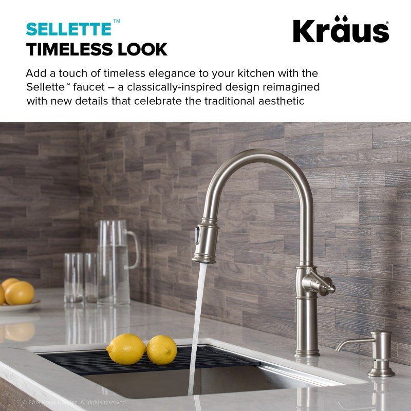 Sellette™ Traditional Single Handle Pull-Down Kitchen Faucet with Soap Dispenser and Deck Plate in Spot Free Stainless Steel