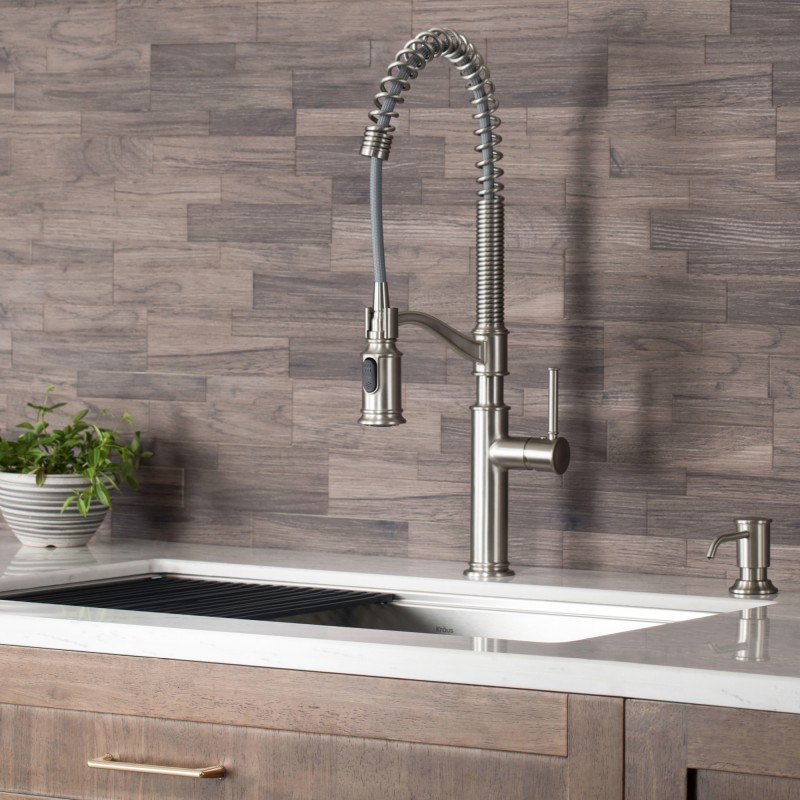 Sellette™ Commercial Style Pull-Down Kitchen Faucet with Deck Plate and Soap Dispenser in Spot Free Stainless Steel