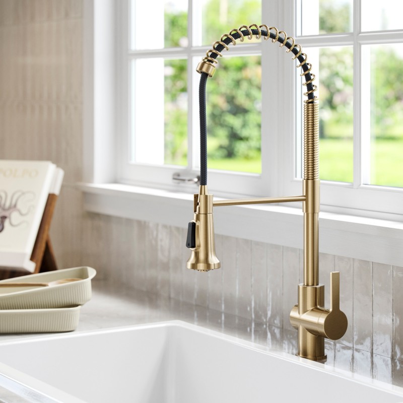 Britt™ Commercial Style Pull-Down Single Handle Kitchen Faucet in Spot Free Antique Champagne Bronze