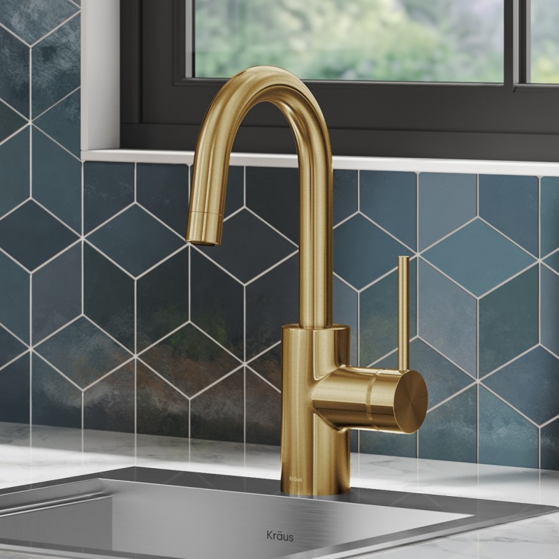 Oletto™ Single Handle Kitchen Bar Faucet with QuickDock Top Mount Installation Assembly in Brushed Brass