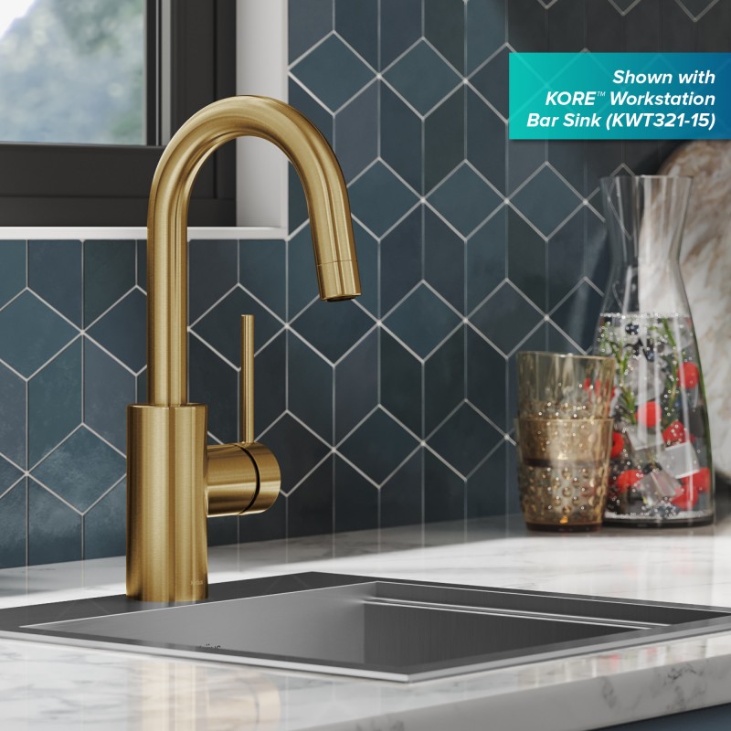 Oletto™ Single Handle Kitchen Bar Faucet with QuickDock Top Mount Installation Assembly in Brushed Brass