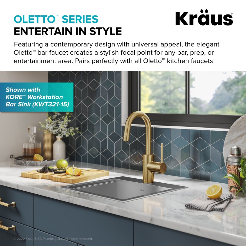 Oletto™ Single Handle Kitchen Bar Faucet with QuickDock Top Mount Installation Assembly in Brushed Brass