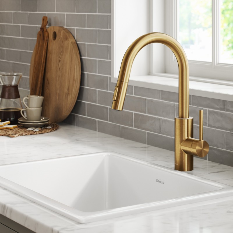 Oletto™ Single Handle Pull Down Kitchen Faucet in Brushed Brass Finish