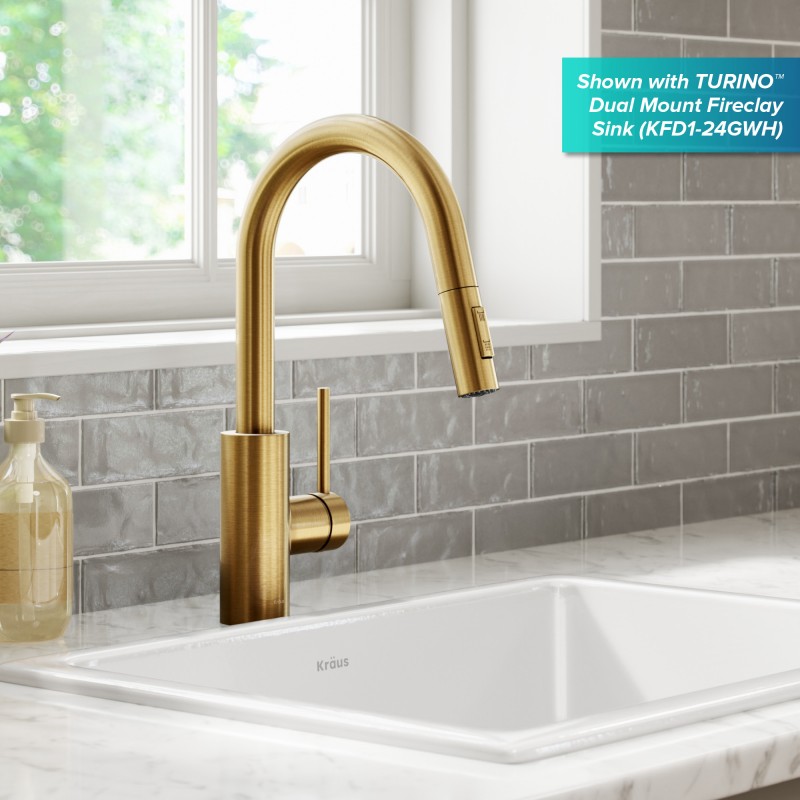 Oletto™ Single Handle Pull Down Kitchen Faucet in Brushed Brass Finish
