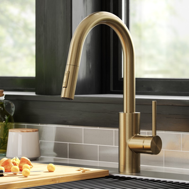 Oletto™ Pull-Down Single Handle Kitchen Faucet with QuickDock Top Mount Installation Assembly in Spot Free Antique Champagne Bronze