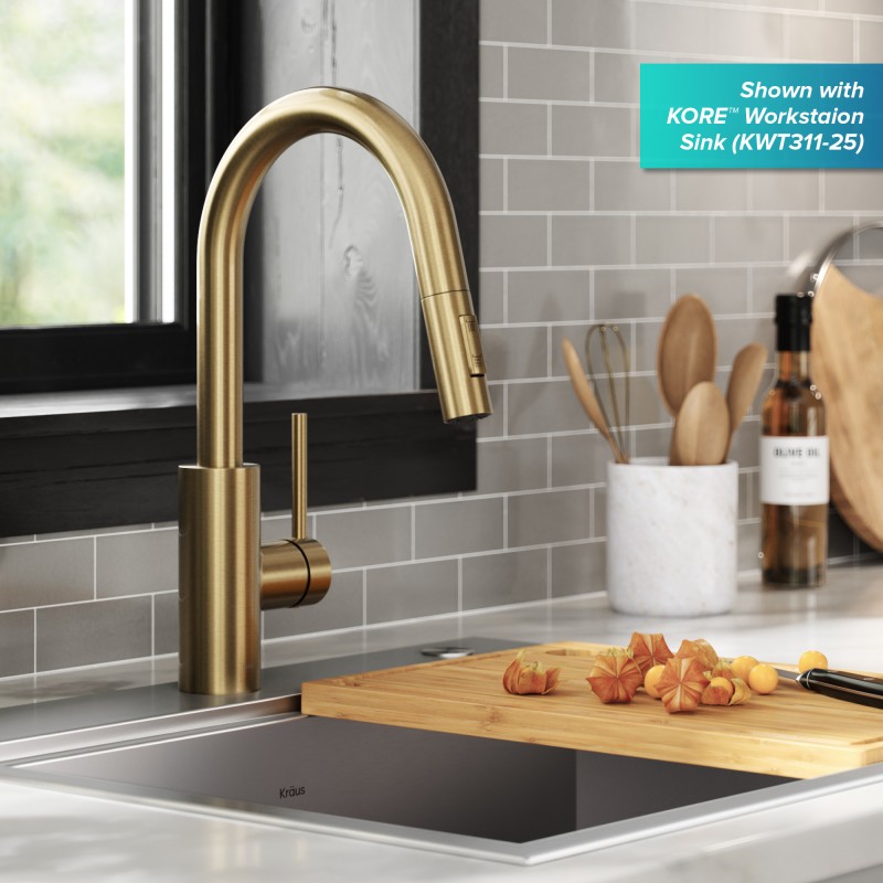 Oletto™ Pull-Down Single Handle Kitchen Faucet with QuickDock Top Mount Installation Assembly in Spot Free Antique Champagne Bronze